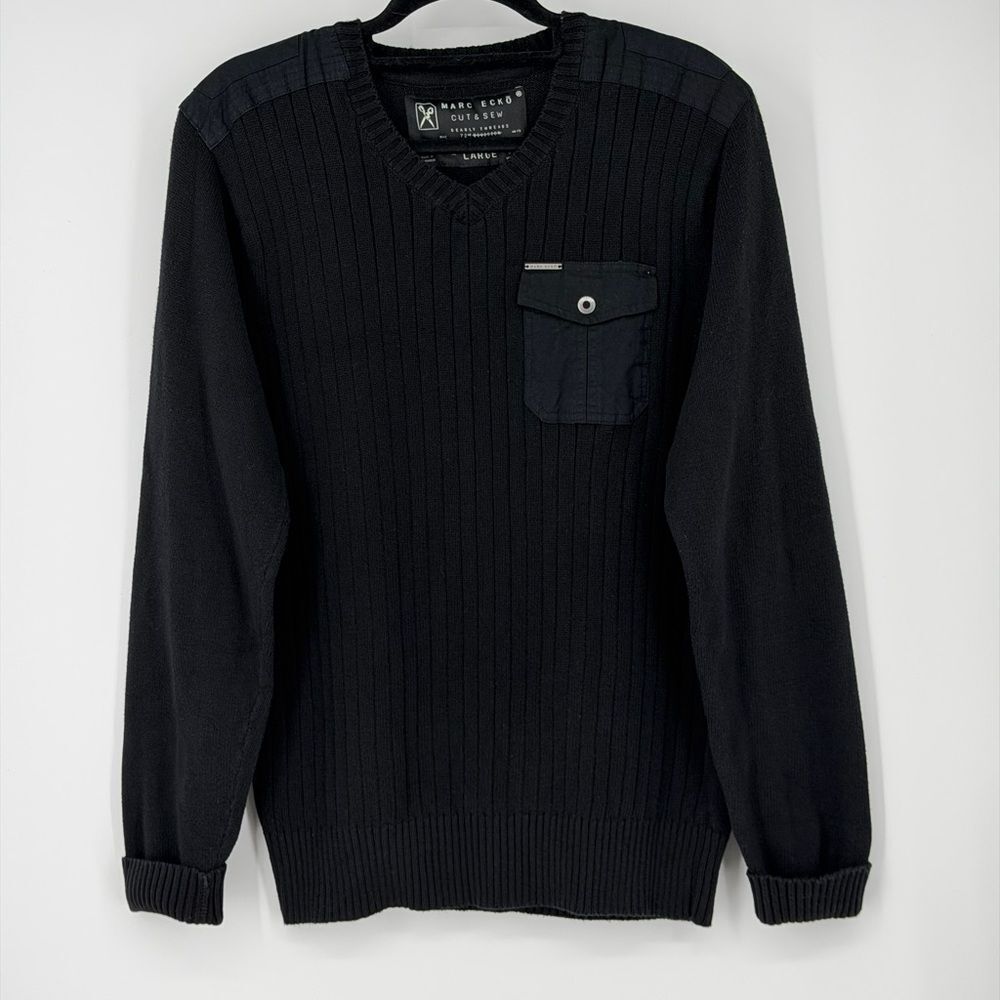 Marc Ecko Black V-Neck Sweater with Pocket L‎